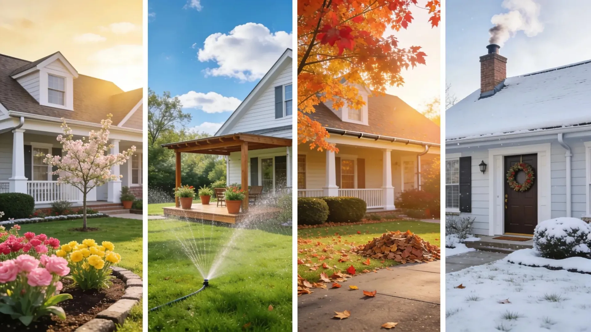 Seasonal home exterior showcasing spring flowers, summer greenery, autumn leaves, and winter snow in Middle Tennessee