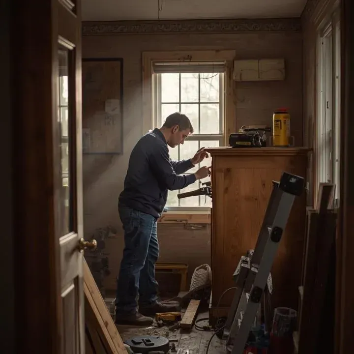 Man working on a cabinet near a window in a cluttered room with tools.