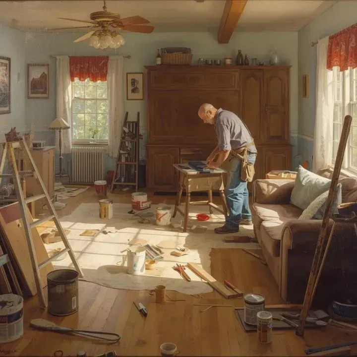 A man working on wood in a room being renovated. Tools, paint cans, and a ladder are scattered. Sunlight streams in.