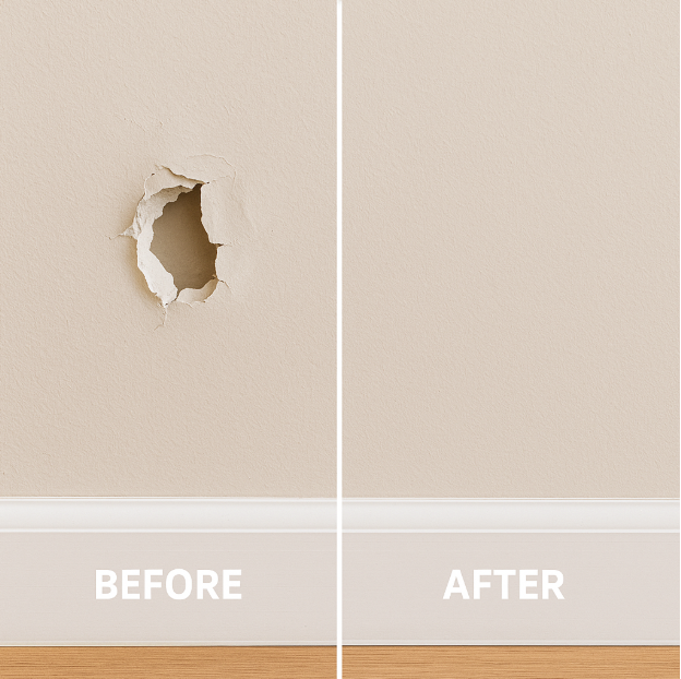Wall with a hole before and after repair, showing the damage and the repaired smooth surface after calling Handyman Services in Lebanon TN.