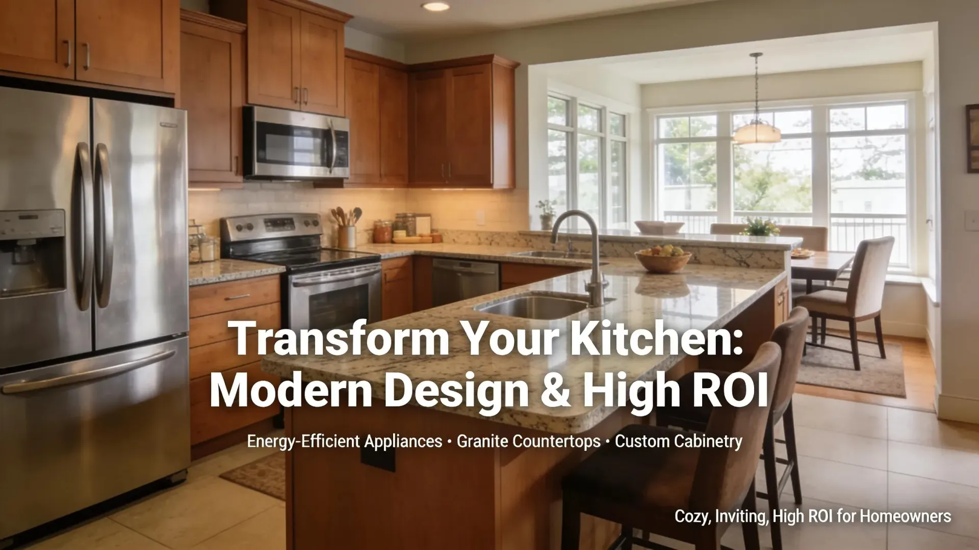 Modern kitchen with wood cabinets and stainless appliances, overlaid with “Transform Your Kitchen” text.