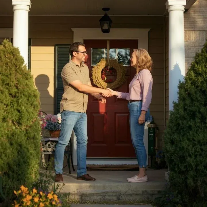 Friendly handyman mt juliet meeting with homeowner on front porch in Wilson County neighborhood