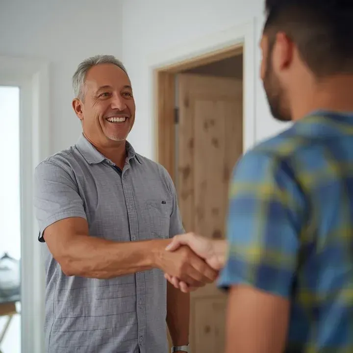 Man shaking hands with another man in a doorway, smiling.