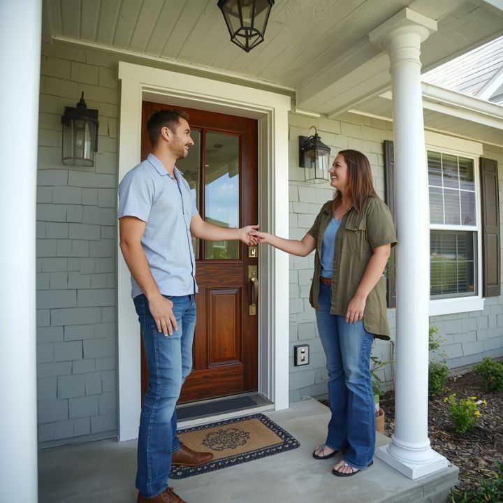 A man and woman shake hands on a porch in front of a house.
