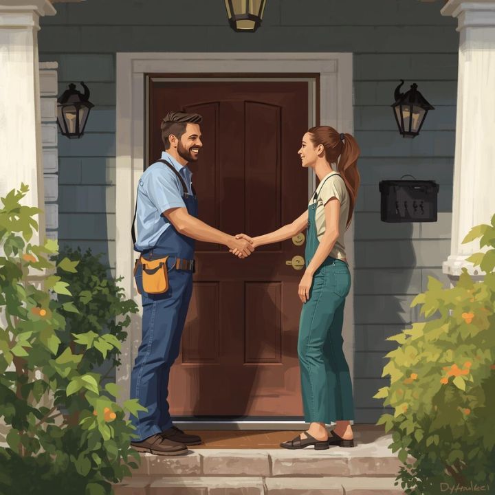 A person in coveralls shakes hands with a homeowner in front of a blue house.