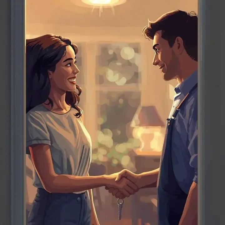 Woman and man shaking hands near doorway. Keys visible. Both smiling. Interior setting, warm lighting.