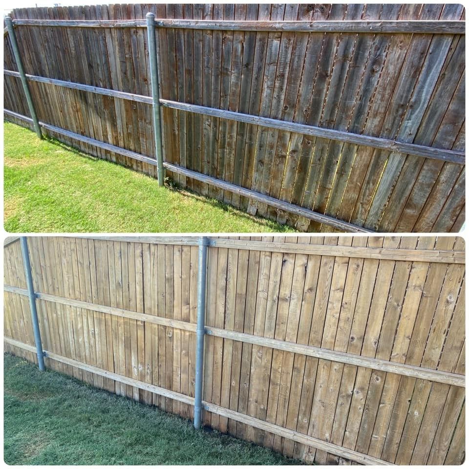 Comparison of a wooden fence before and after cleaning.