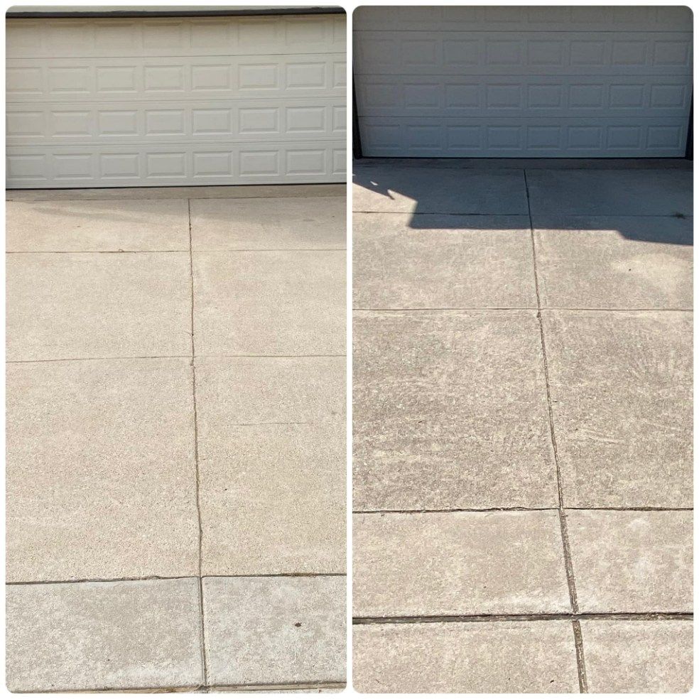 Comparison: Driveway before and after cleaning. Light concrete with a white garage door.