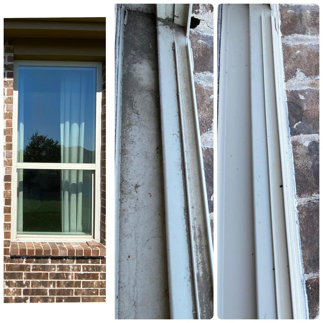 Window with dirty track before cleaning, then clean track.