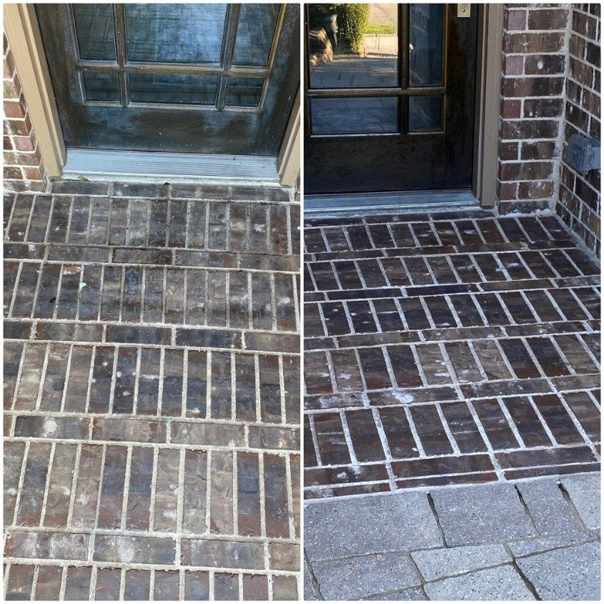Before and after comparison: brick entry walkway and steps. Showing cleaning results.
