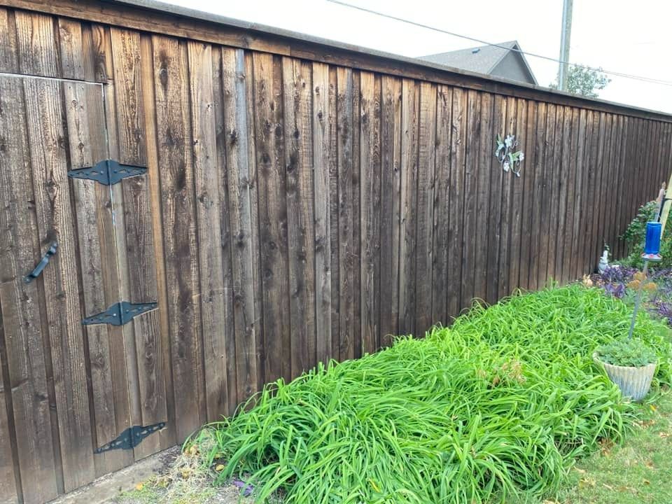 Wooden fence with gate, surrounded by green plants in an outdoor setting.