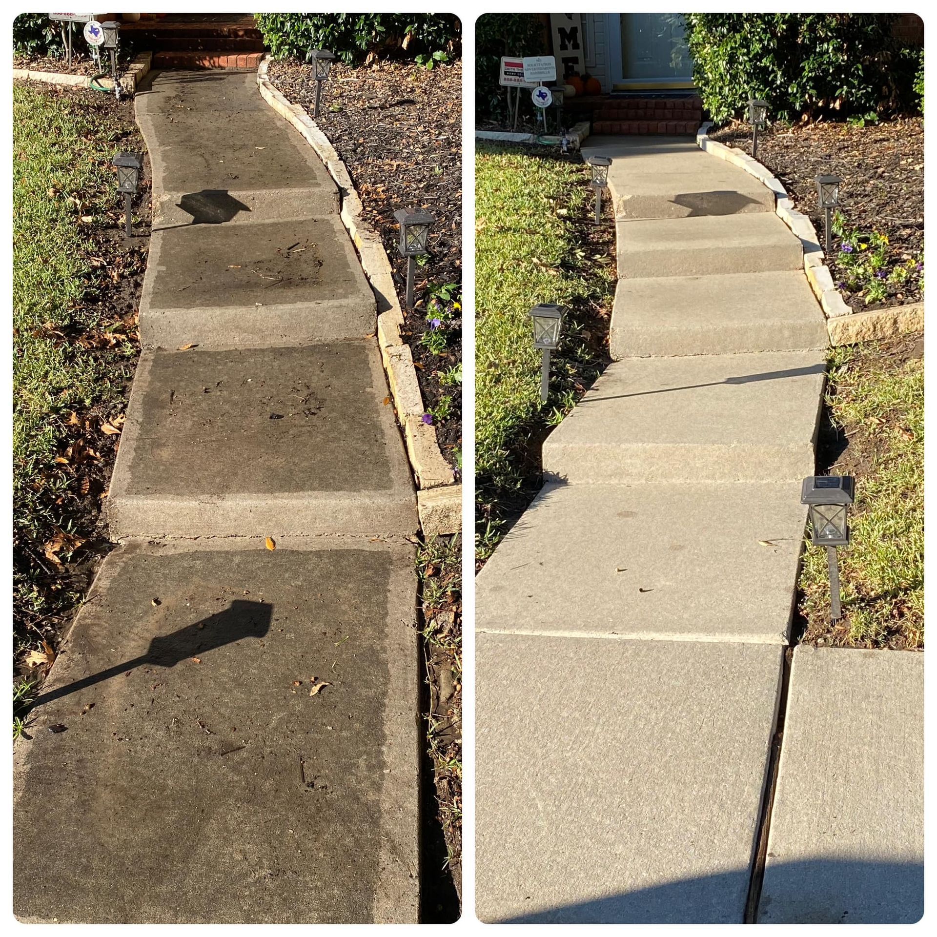 Before and after of a concrete walkway, stained before and clean after pressure washing.