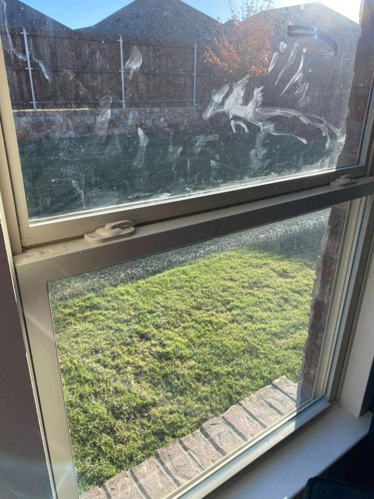 Window with a view of a backyard lawn; dirt and debris on the glass, with a partly cloudy sky in the background.