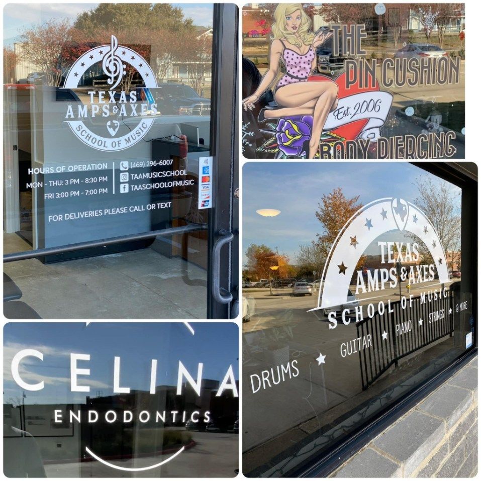Collage of storefronts: Texas Amps & Axes music school, Din Cushion body piercing, Celina Endodontics, and a drum shop.