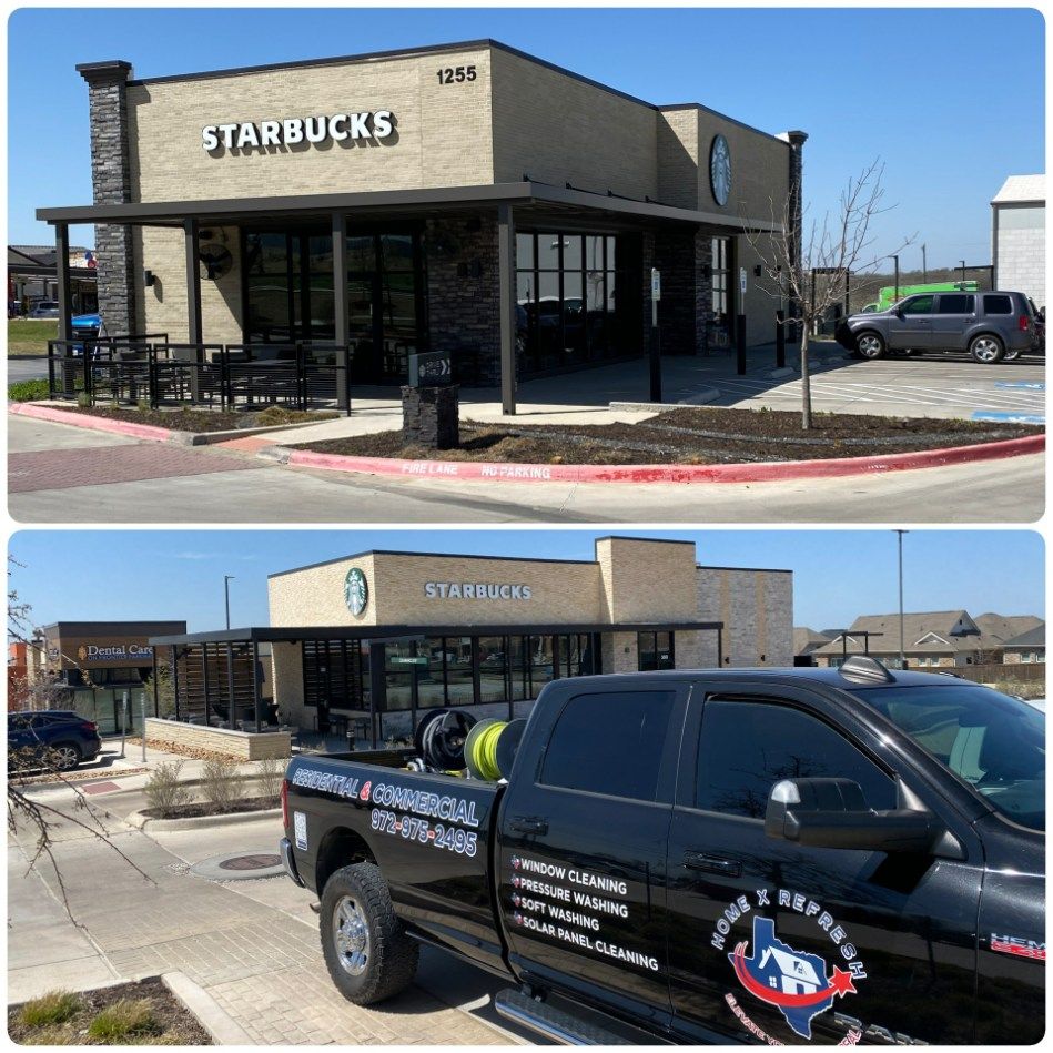 Two views of a Starbucks with a black truck in front, likely for window cleaning.