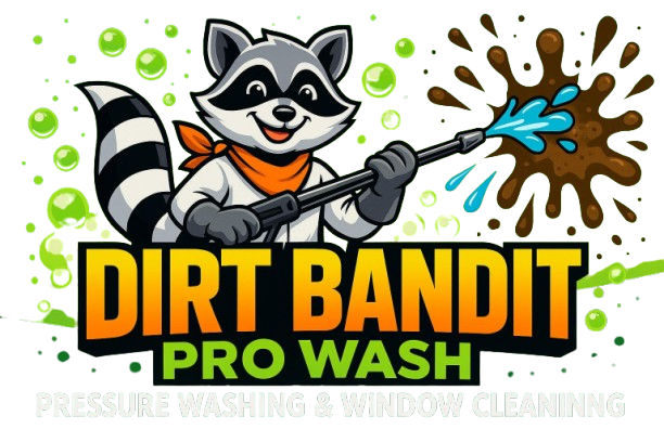 Raccoon mascot with a power washer spraying mud; 