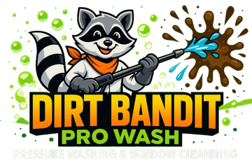 Raccoon mascot with a power washer spraying mud; 