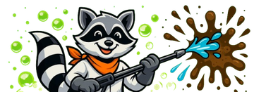 A smiling raccoon wearing a bandana, power washing a brown splash, green bubbles.