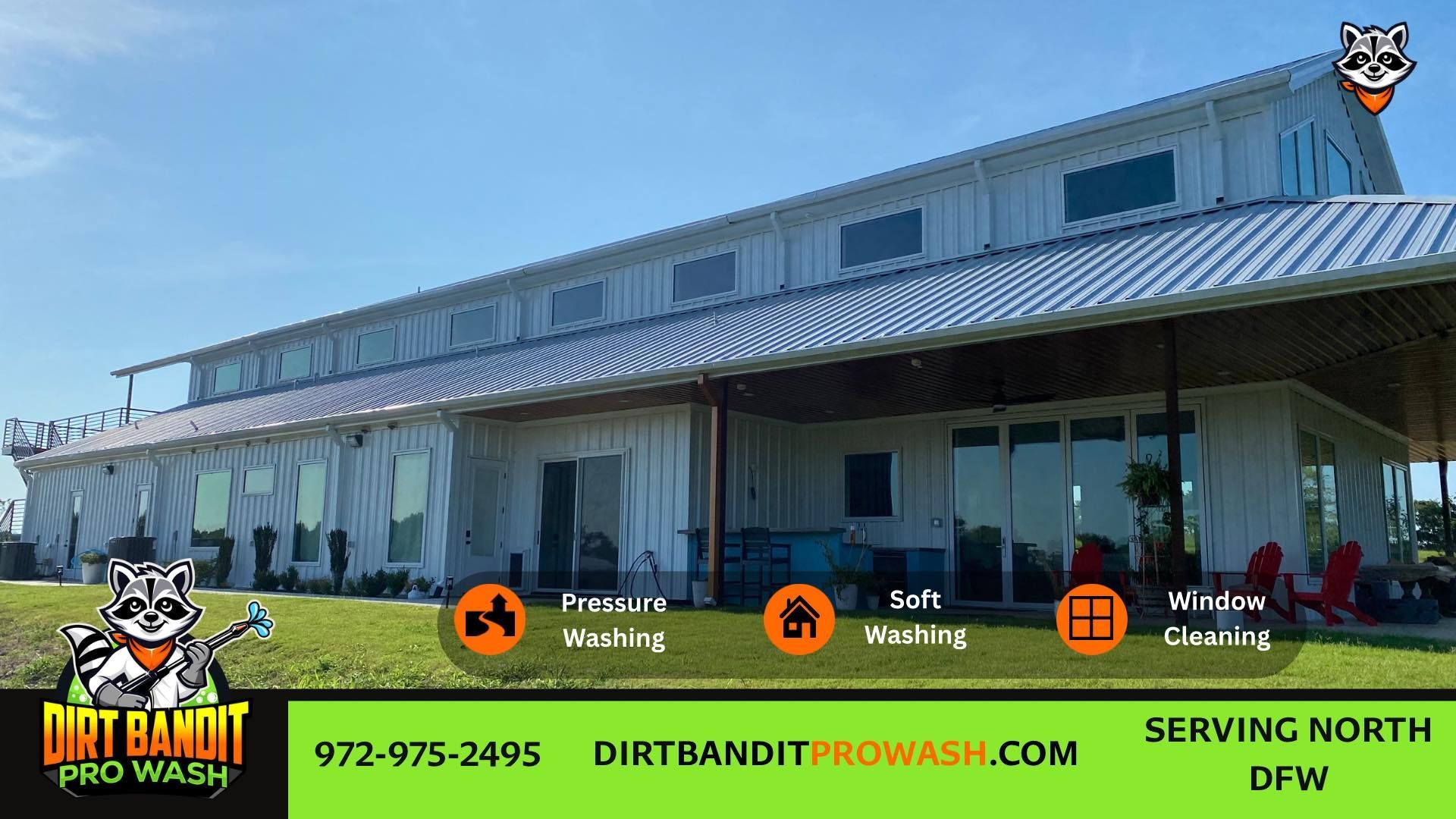 A long, white building with large windows; Dirt Bandit Pro Wash logo and services, green banner.