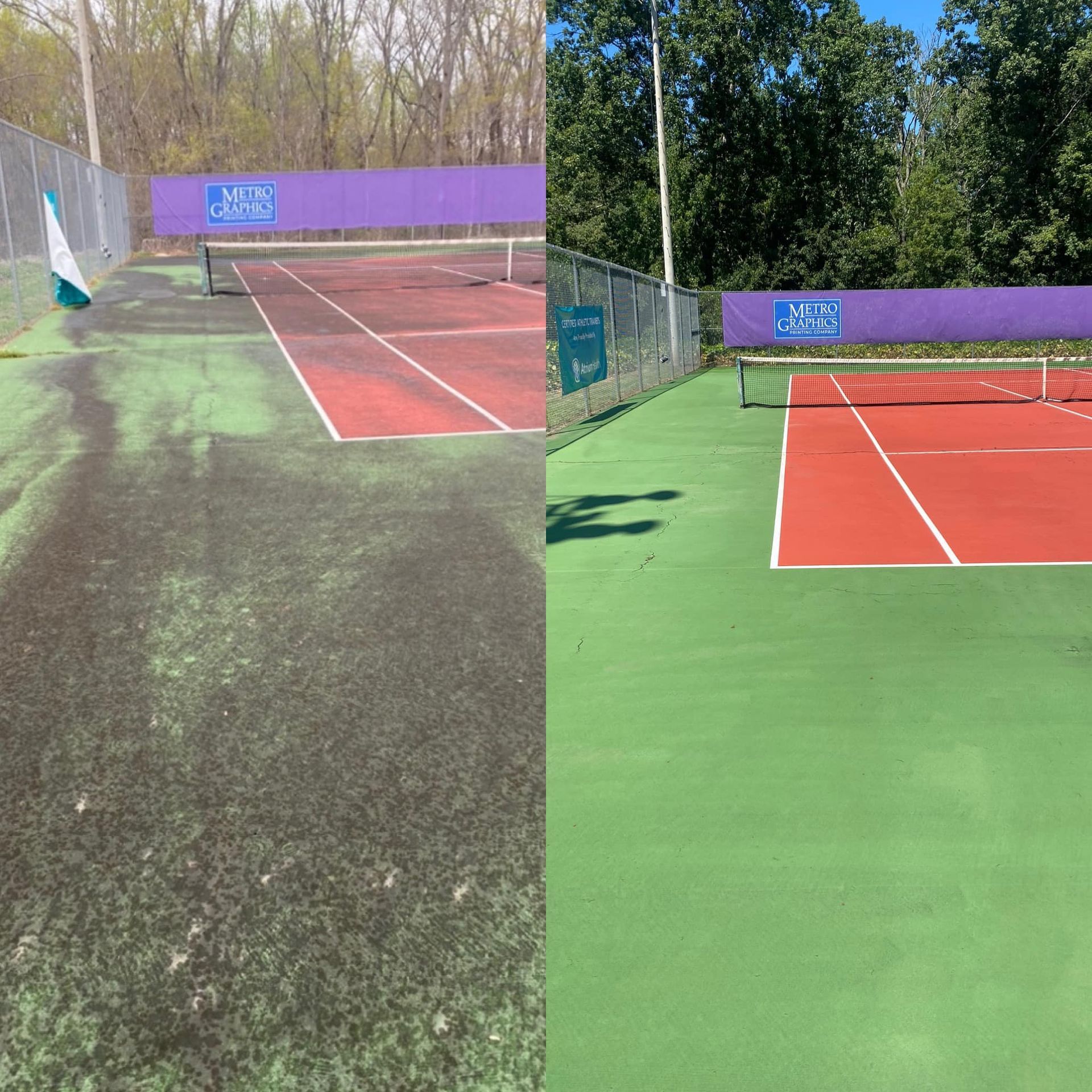 Before and after results of tennis court cleaned with power washing and concrete cleaning services