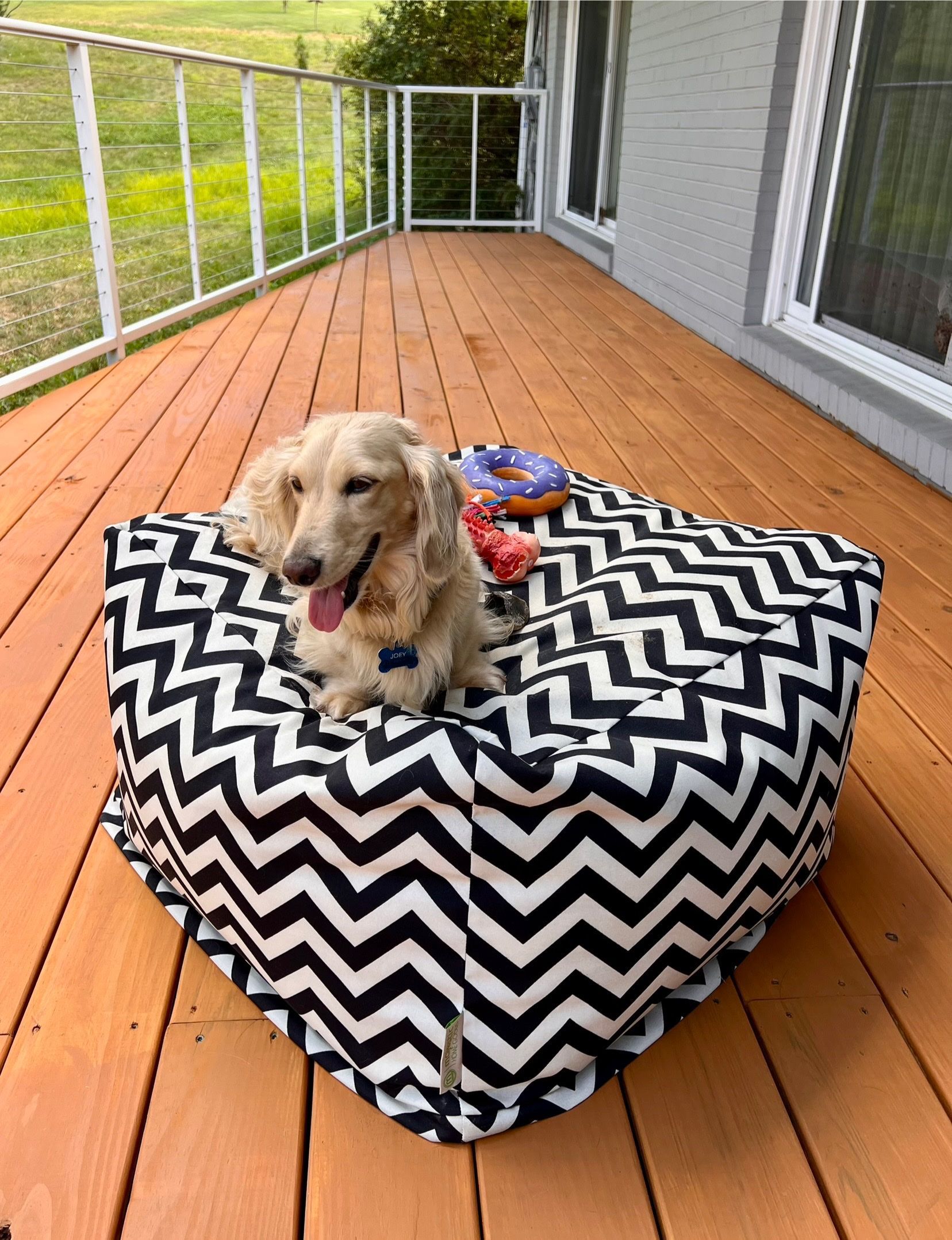 Dog relaxing on a chevron patterned bed on a wooden deck, with a donut toy nearby.