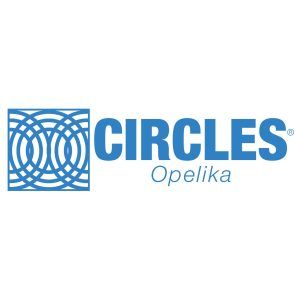 The logo for circles opelika is blue and white.