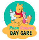 The logo for pooh corner day care shows winnie the pooh and piglet reading books.