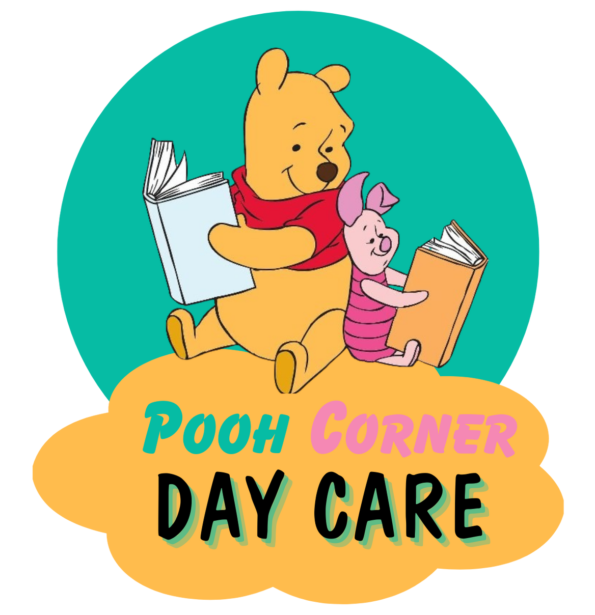 The logo for pooh corner day care shows winnie the pooh and piglet reading books.