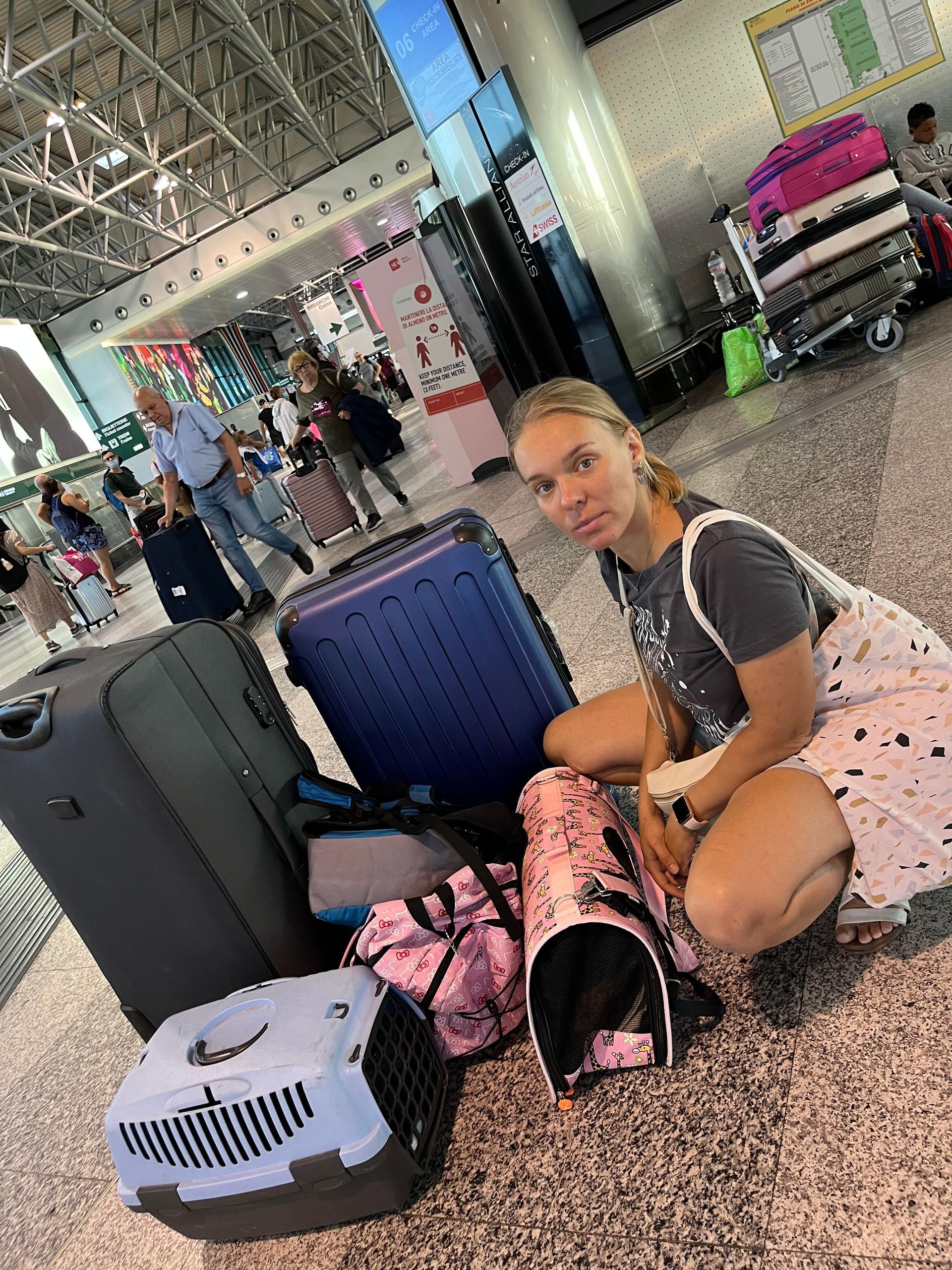 Iryna waits at the airport in Chicago with all their possessions: two cats and two suitcases.