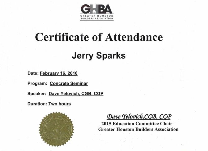 Certificate of Attendance for Jerry Sparks, issued February 16, 2015, from GHBA. Program: Concrete Service. Speaker: Dawn Yelovich.