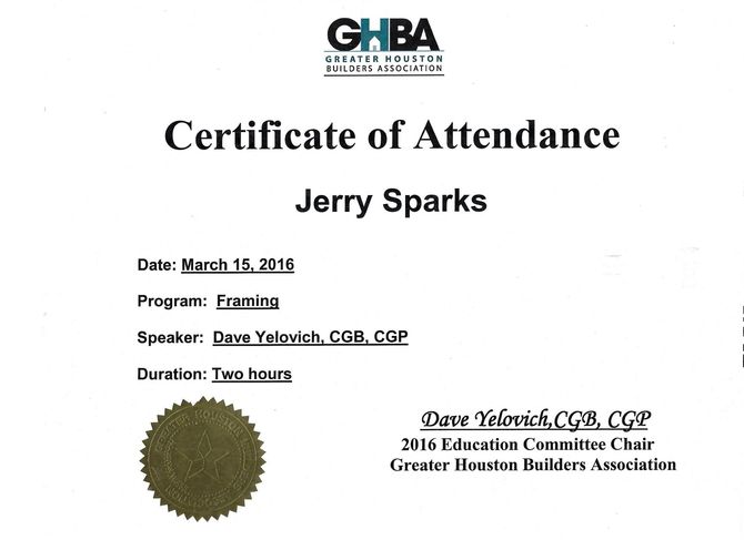 Certificate of Attendance for Jerry Sparks, from Greater Houston Builders Association, for a Framing program.