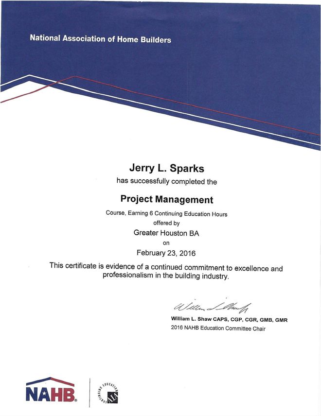 Certificate from the National Association of Home Builders for Jerry L. Sparks, Project Management. February 23, 2016.