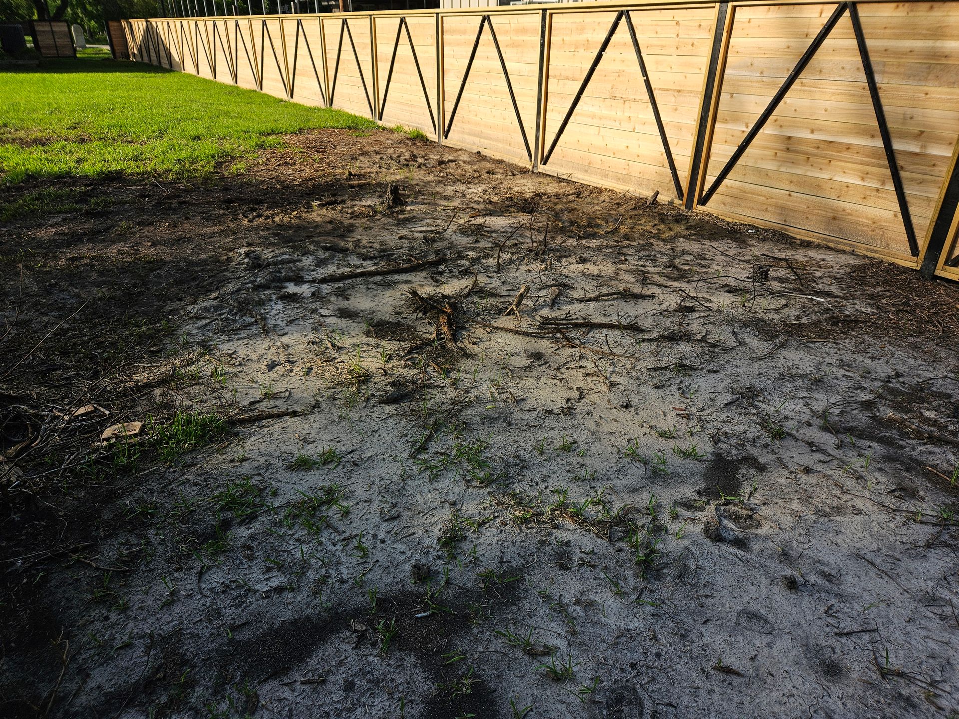 Sandy ground in front of a wooden fence, with grass on one side.