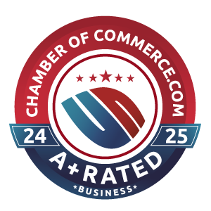 Chamber of Commerce logo with A+ rated business. Red, blue, and white colors.
