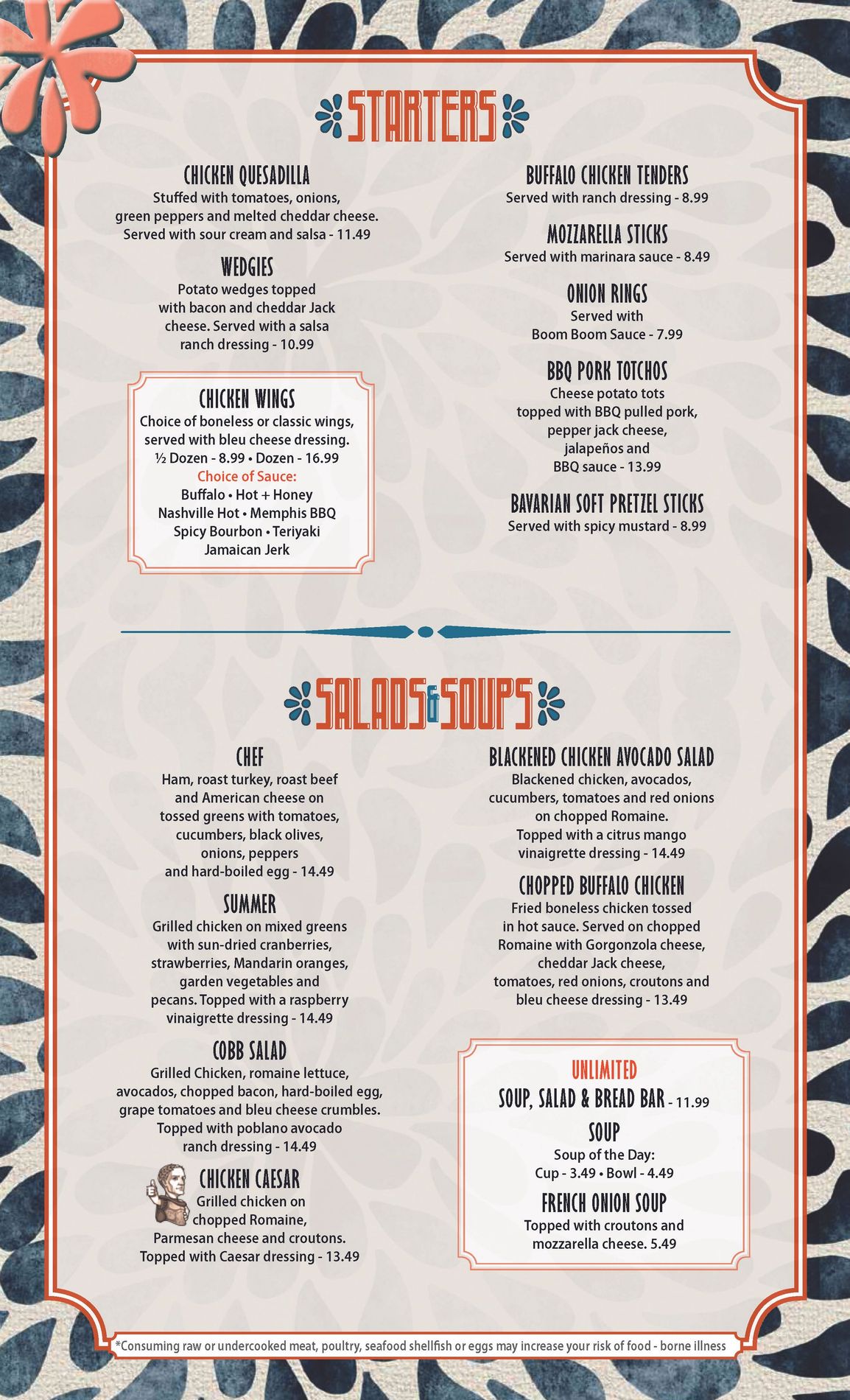 A menu for a restaurant with a zebra print on it