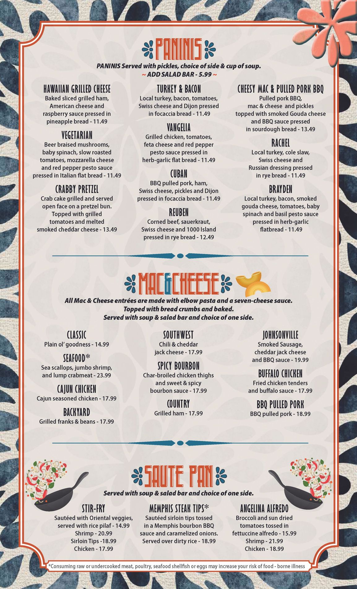 A menu for a restaurant with a zebra print on it.