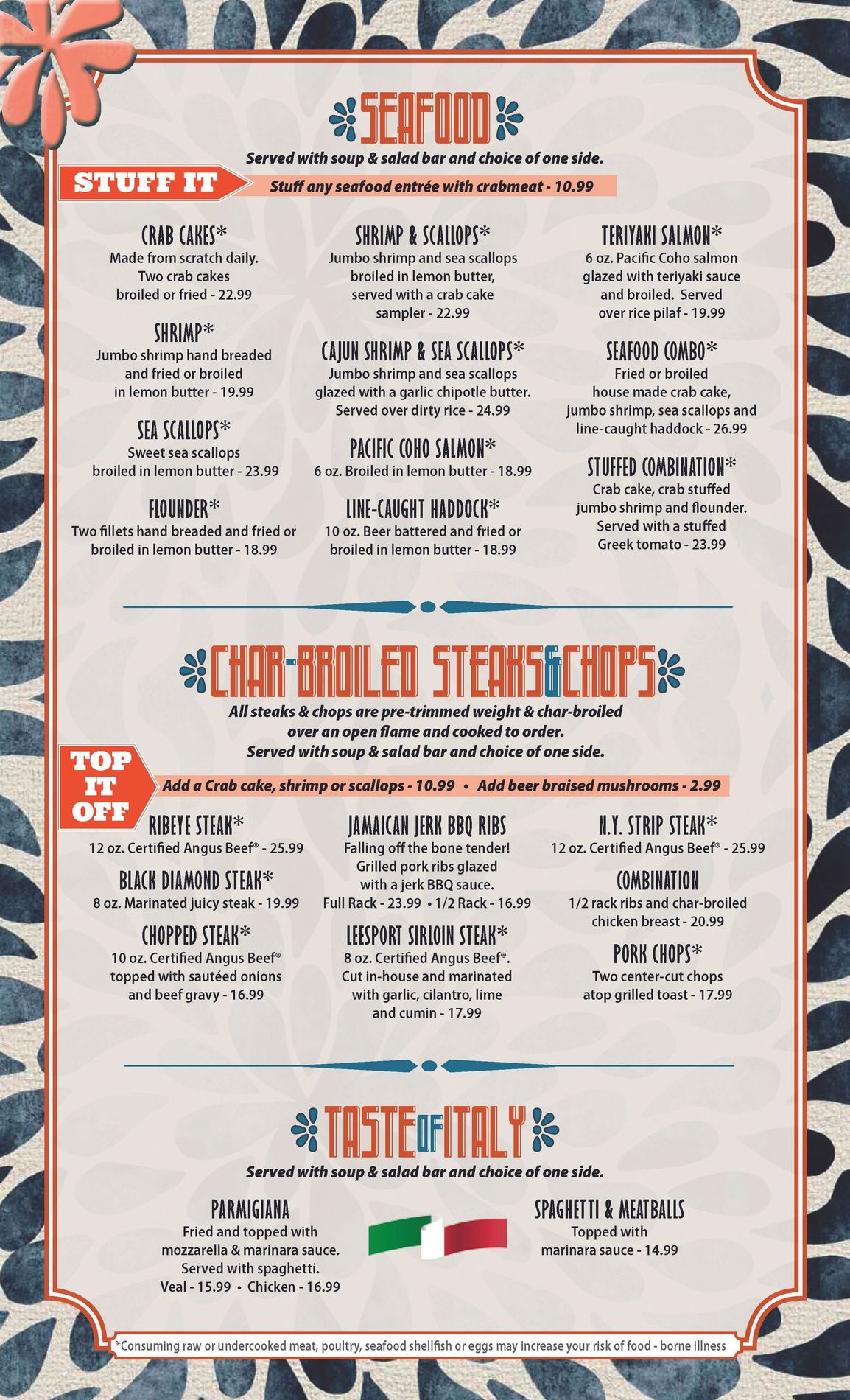 A menu for a restaurant with a zebra print on it