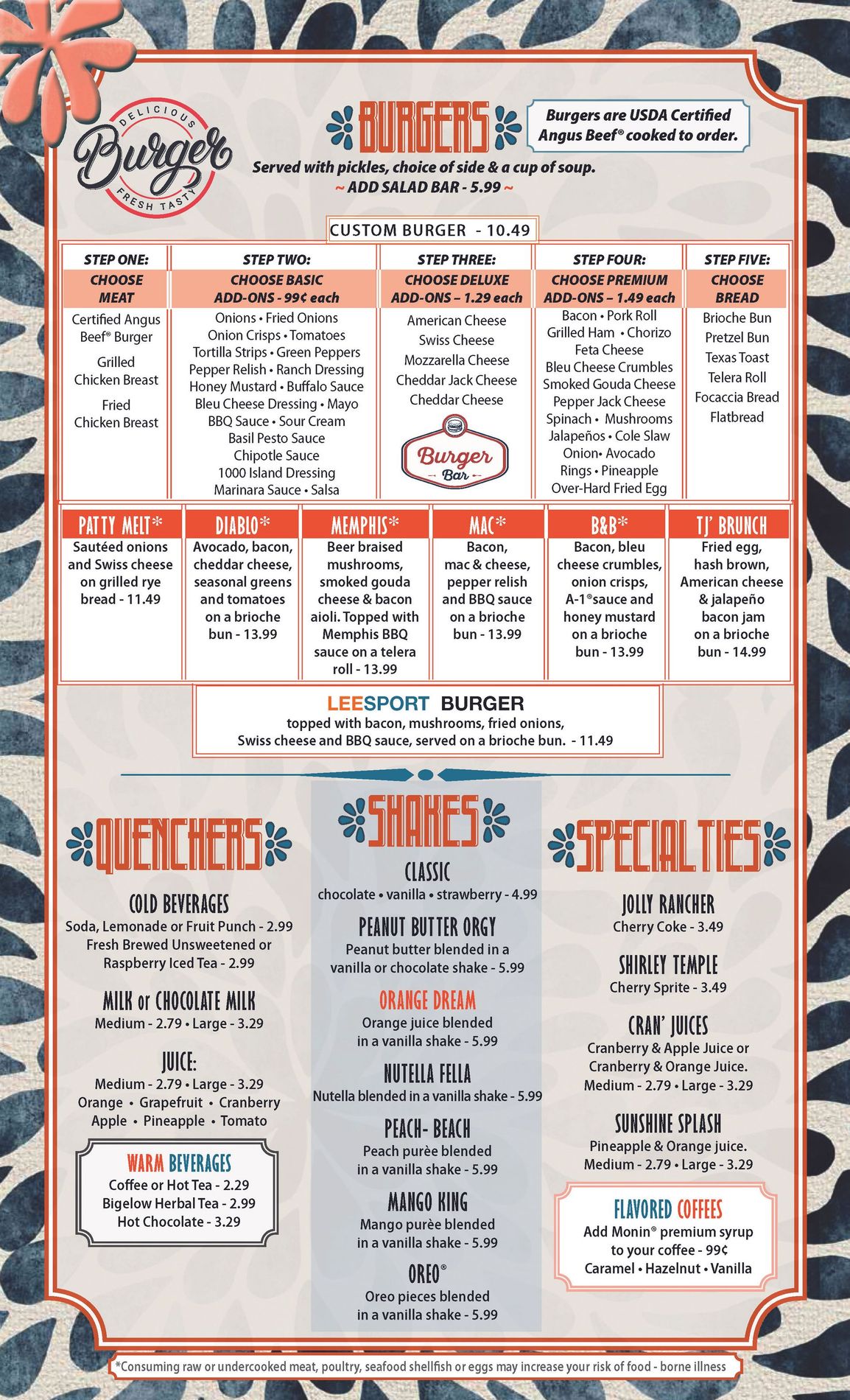 A menu for a restaurant with a zebra print background