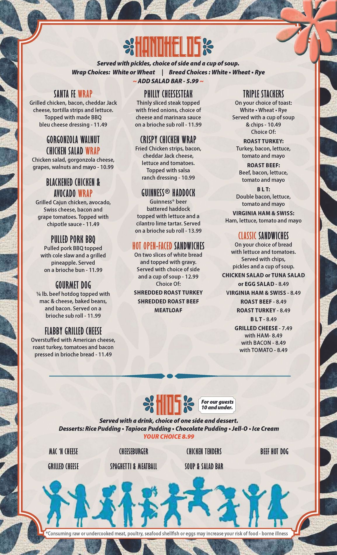 A menu for a restaurant with a zebra print on it