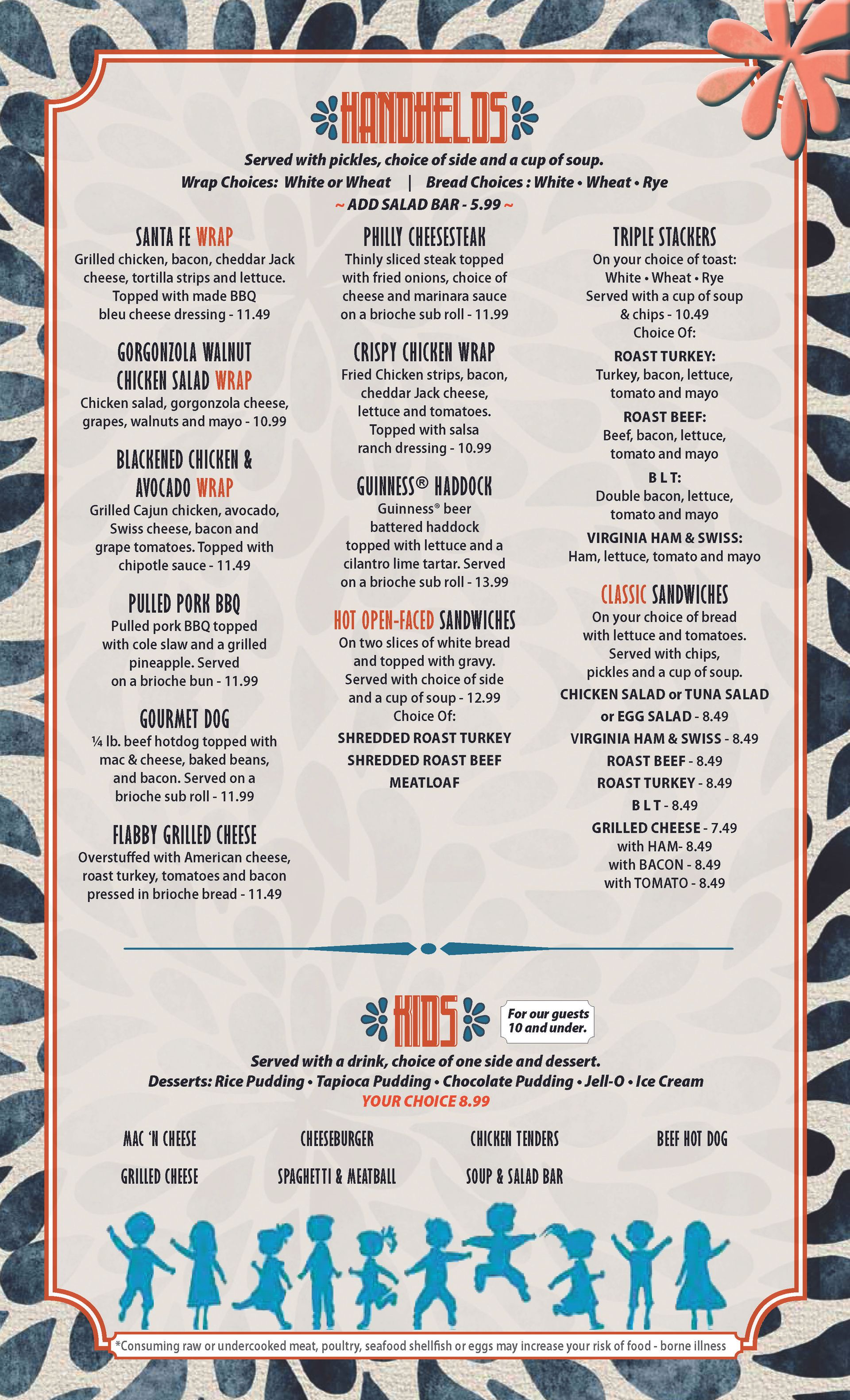 A menu for a restaurant with a zebra print on it