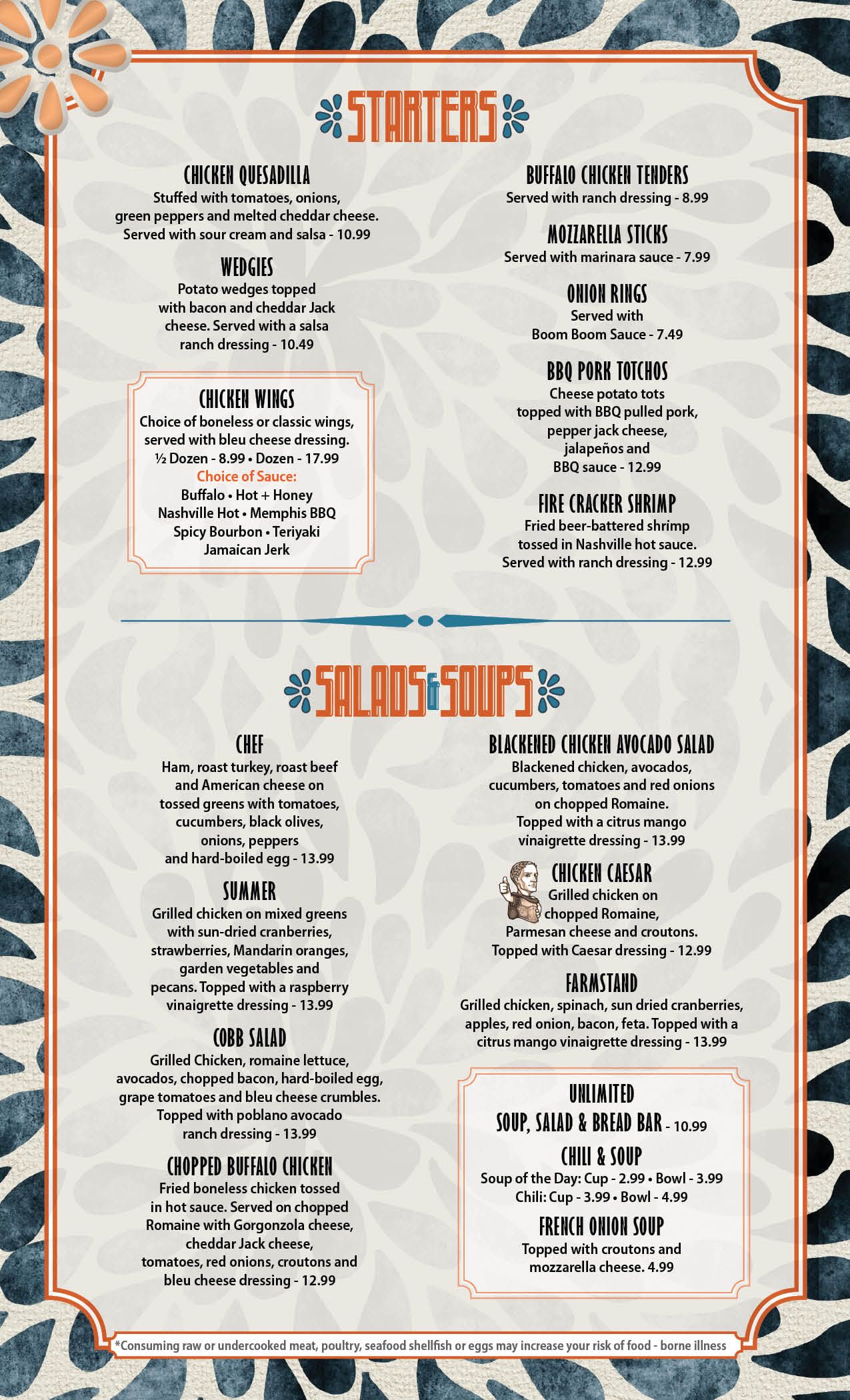 A menu for a restaurant with a zebra print on it