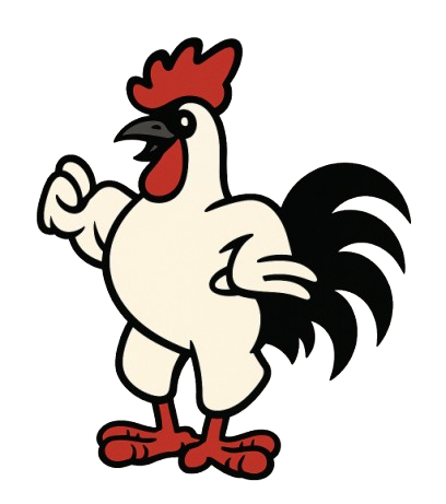 Un gallo de dibujos animados está flexionando sus músculos.
