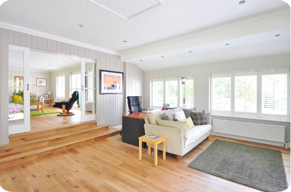 Living area room with refinished wood floor. 