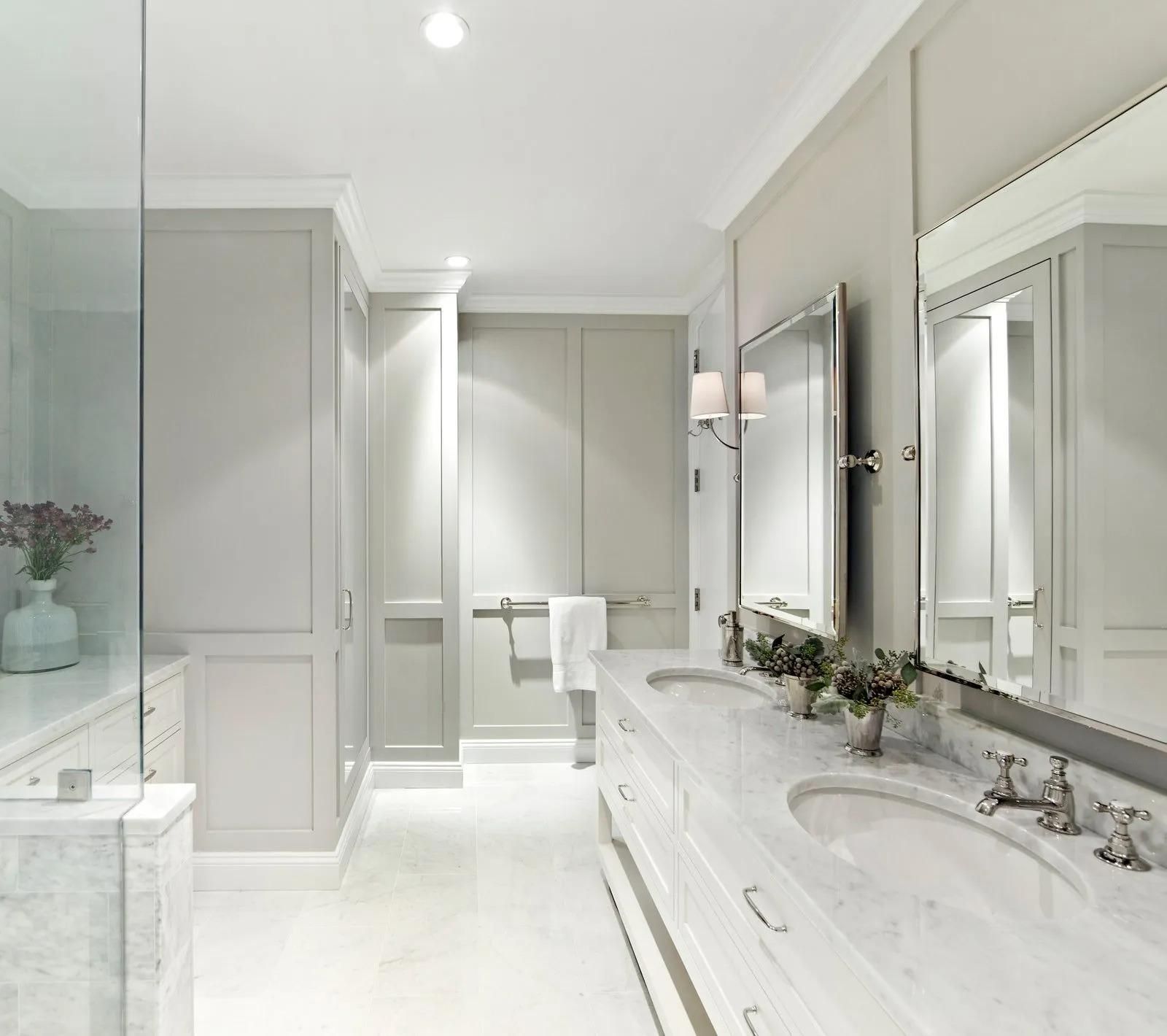 A Bathroom with Two Sinks and A Large Mirror — Aqua Blue Plumbing Services in Coffs Harbour, NSW 