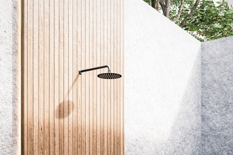 Outdoor Shower With Wood Panel — Aqua Blue Plumbing Services in Coffs Harbour, NSW