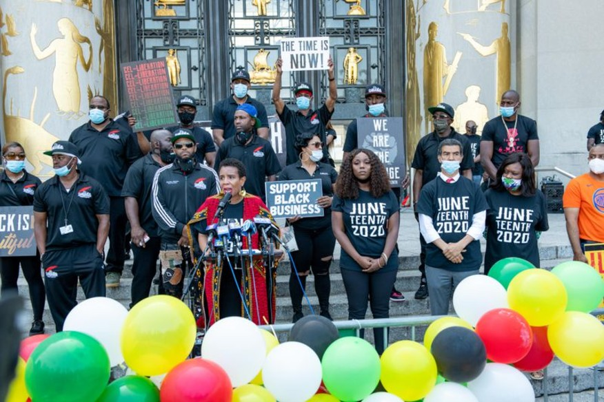 JUNETEENTH 2020: Demonstrators joined community activists and elected officials at Grand Army Plaza in Brooklyn on Friday.