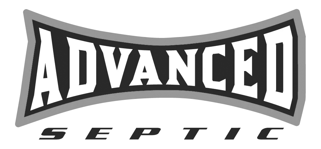 Logo for Advanced Septic, black text on a light gray background in a stylized shape. 