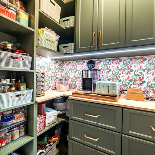 A closet with a pink bag hanging on the wall