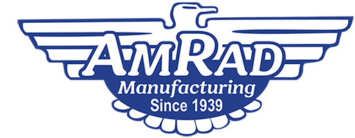 Logo for Amrad Manufacturing, featuring a blue eagle above text. The text reads 