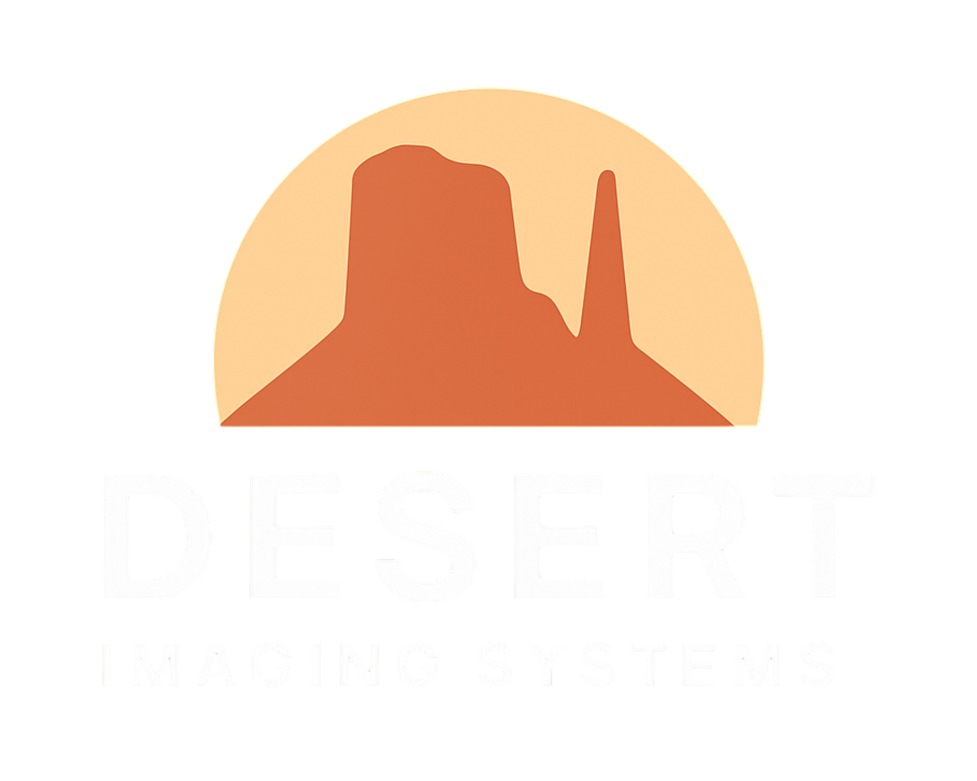 Logo featuring a desert mesa in orange against a light orange sun; white 